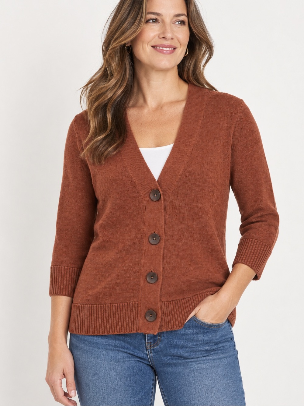 J.Jill Rust Terracotta 3/4 Sleeve Button Front Knit Cardigan Sweater Size XS